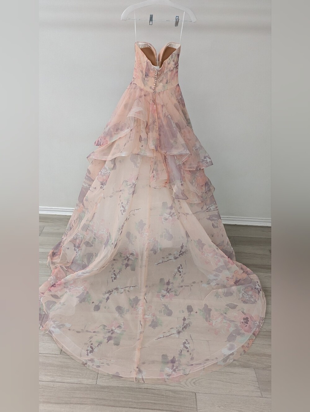 Allure Strapless Peach Floral Ruffled Evening Gown